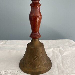 Vintage Brass Etched Bell with Wood Handle Bells of Sarna 6 inches India